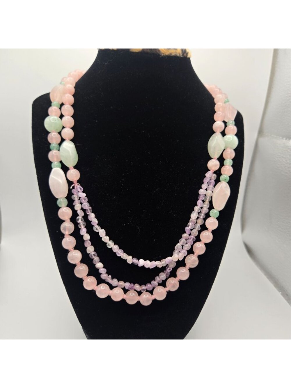 Vintage Pink Rose Quartz Multi-Strand Beaded Necklaces Green Jade Purple Amethys